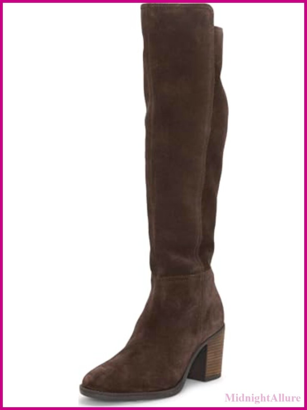 Suede Knee-High Boots Block Heel Almond Toe Zip Tall